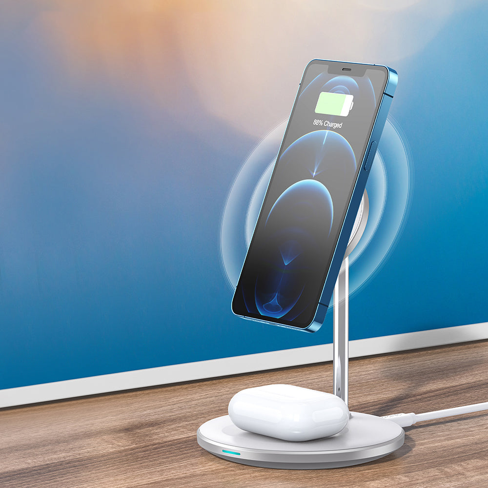 WIWU Wi-W019 Magnetic Wireless Charger for iPhone 12-15 Series 2-in-1 Phone Earphone Charging Stand WIWU Wi-W019 Magnetic Wireless Charger for iPhone 12-15 Series 2-in-1 Phone Earphone Charging Stand